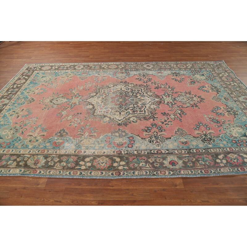 Pink Tabriz Persian Vintage Area Rug Hand-Knotted Wool Carpet - 6'6" x 10'4"