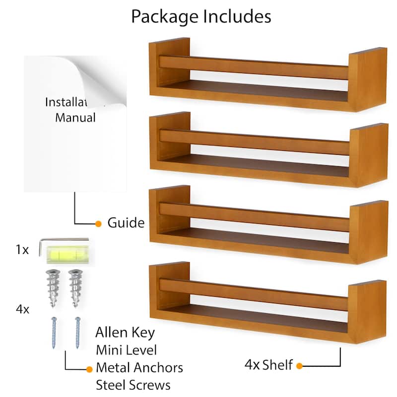 Wallniture Utah Wood Wall Shelves for Book and Toy Storage (Set of 4)