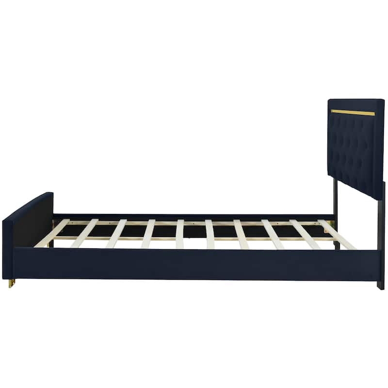 Velvet Upholstered Platform Bed With Pull Point Headboard And Metal Wire Frame