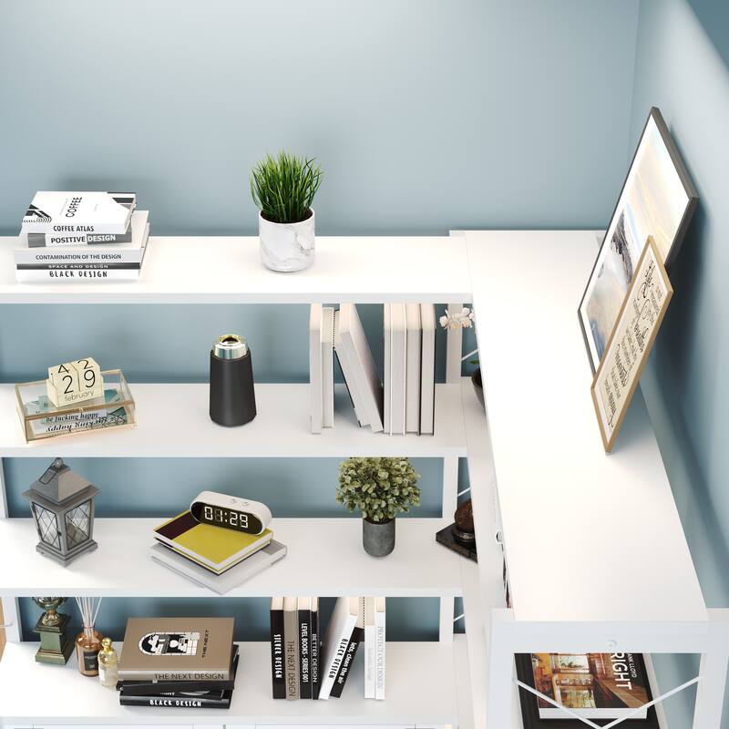6-Shelf Corner Bookshelf Large, White Barn Door L-Shaped Bookcase with Storage Cabinet, Large Book Shelf, Metal Framed