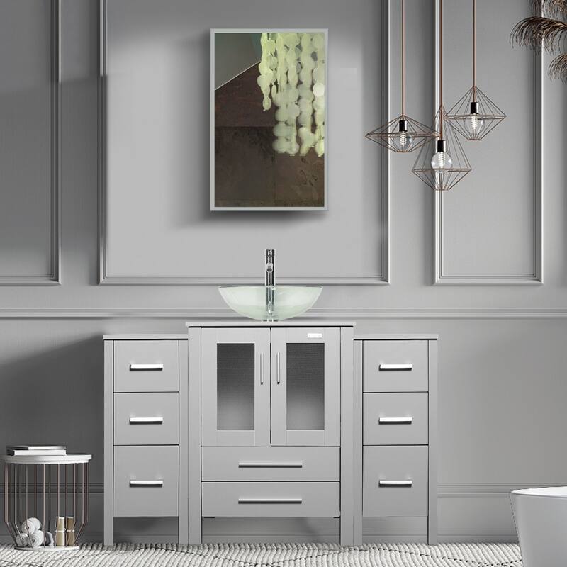 48" Bathroom Vanity Set Vessel Sink Mirror Faucet W/ Small Cabinet Combo - clear round sink - Grey