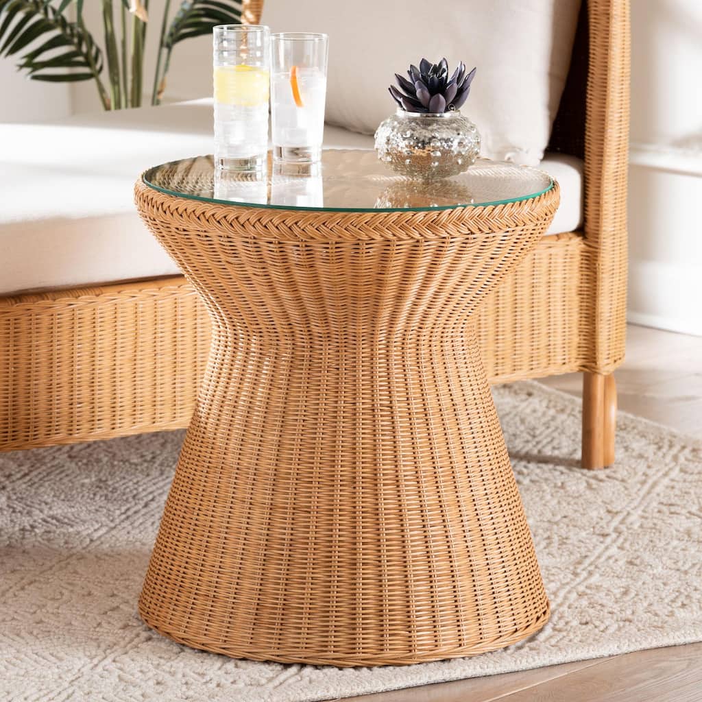 Nina Bohemian Light Honey Braided Rattan End Table with Glass Tabletop