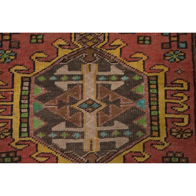 Hand Knotted Oriental 100% Wool Carpet Traditional Geometric Oranges & Rust Heriz Runner Rug - 10' 3'' X 3' 6''