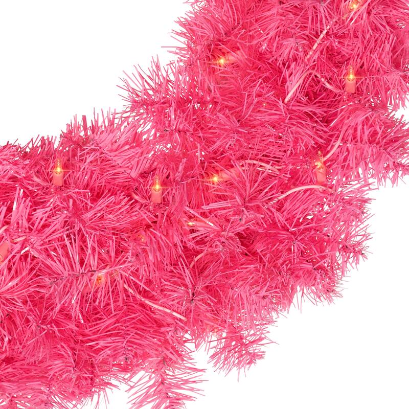 Pre-Lit Tinsel Artificial Christmas Wreath - 24" - Pink - Clear Lights