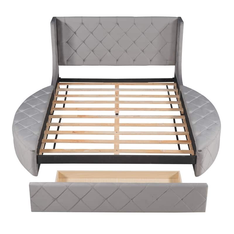 Queen Upholstered Platform Bed with 1 Drawer,2 Side Storage Stool