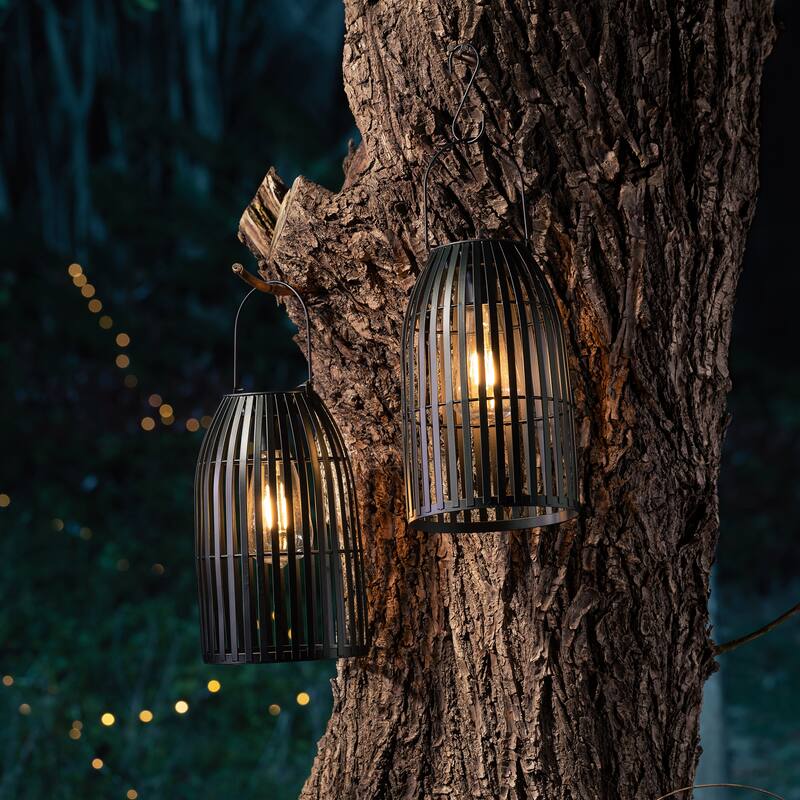 Glitzhome Set of 2 9.75"H Black Striped Outdoor Solar Hanging Lantern