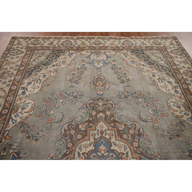 Hand Knotted Oriental 100% Wool Carpet Traditional Medallion Greys & Charcoal Tabriz Area Rug - 10' 9'' X 7' 2''