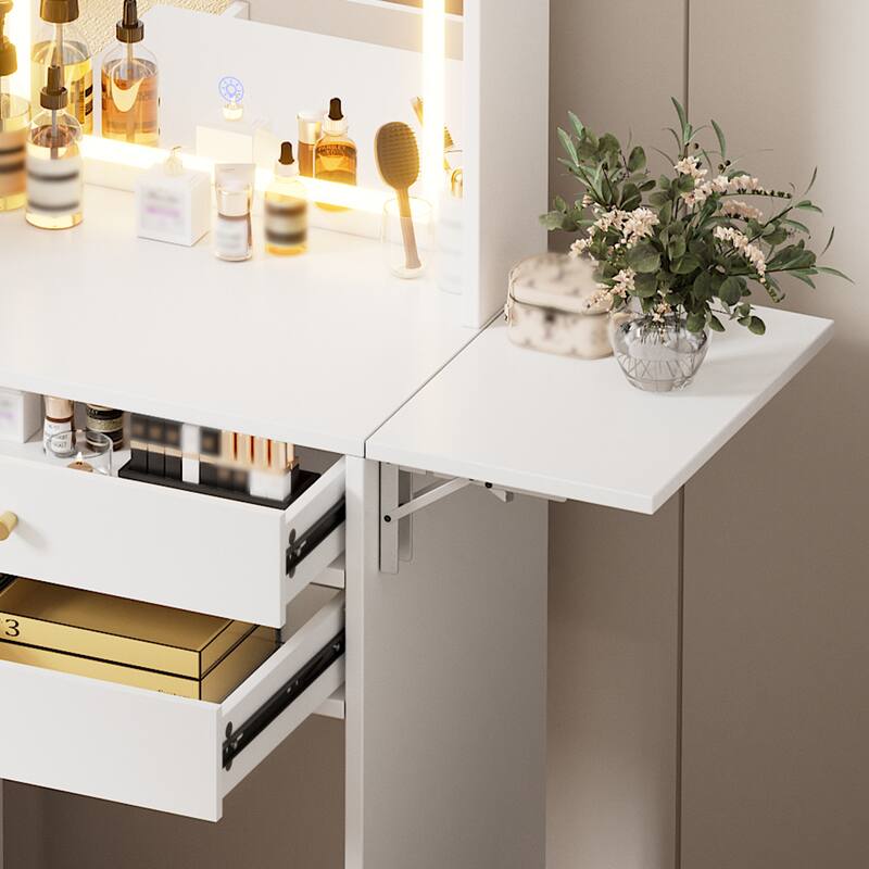 Vanity Desk Set with Lighted Mirror and Storage Chair, Vanity Table with Foldable Side Table, Makeup Table with 2 Drawers