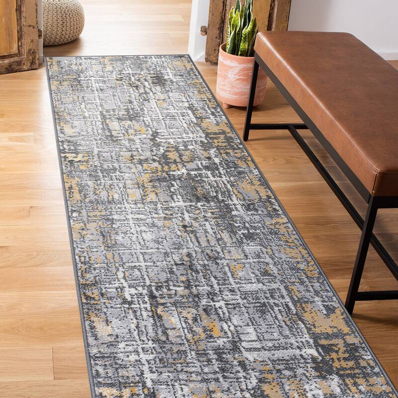 World Rug Gallery Distressed Abstract Area Rug - 2' x 7' - Yellow - Runner
