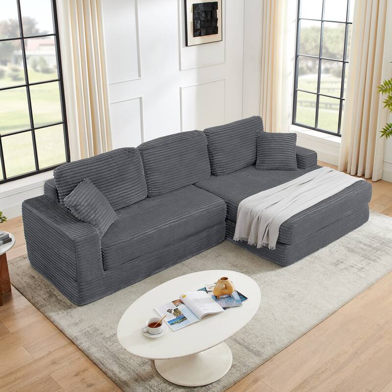 L Shape Modular Sectional Sofa with Chaise Lounge, Corduroy Foldable Sectional Sofa, Compression Sofa, Unfold into a Bed - Gray