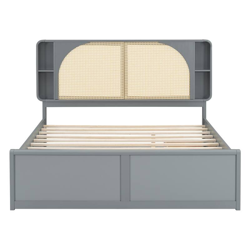 Queen Size Platform Bed with Rattan Headboard,Two Drawers and Trundle