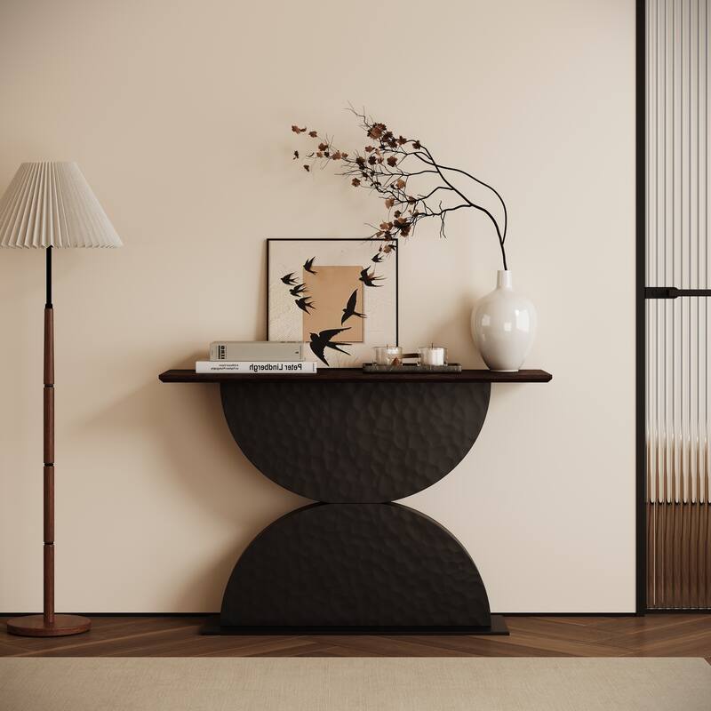 47" Accent Console Table, Wooden Accent Narrow Sofa Table Entryway Table with Double Semi-Circle Base and LED Light