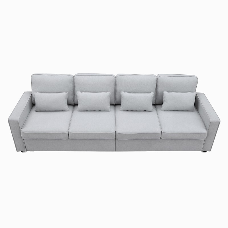 4-Seater Linen Fabric Sofa with Armrest Pockets and 4 Pillows - Light Grey