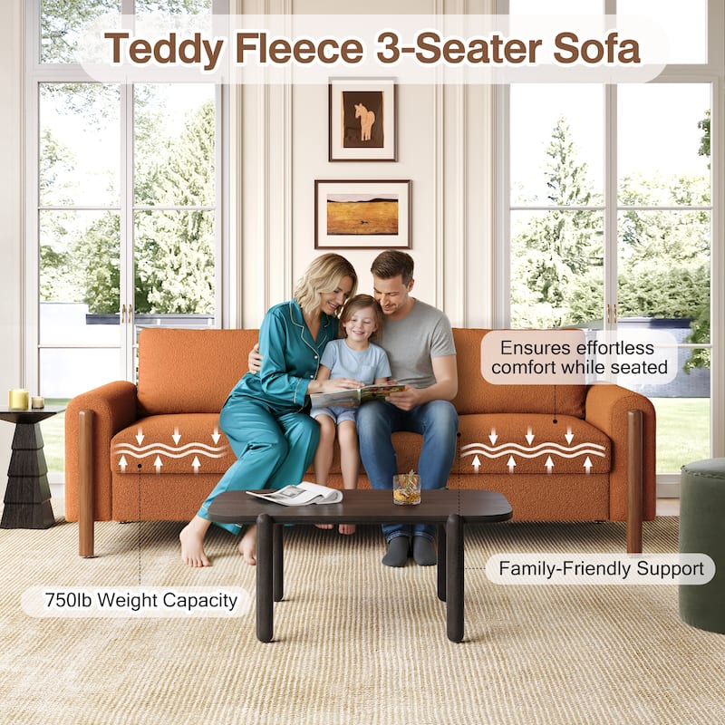 Roomfitters 84" 3-Seater Sofa, Teddy Velvet Couch with Integrated Solid Wood Legs and Curved Arc Armrests