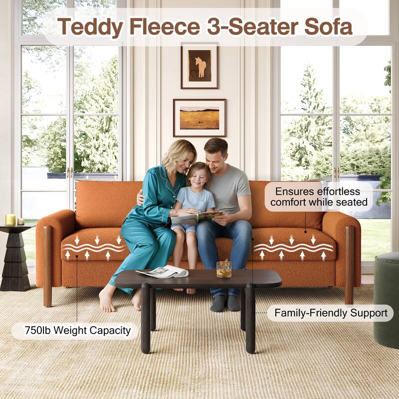 Teddy Velvet Fabric 3 Seater Sofa, Upholstered Sofa with Curved Armrest, Lounge Sofa Chair with Solid Wood Legs