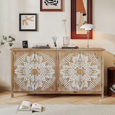 60-Inch Wood Accent Cabinet with Four Doors – Brown & Antique White Modern Pantry Storage, Buffet, Media Console.