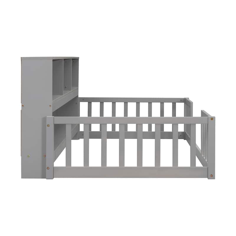 Grey Twin Size Pine Wood Floor Bed with Bookcase and Guardrails