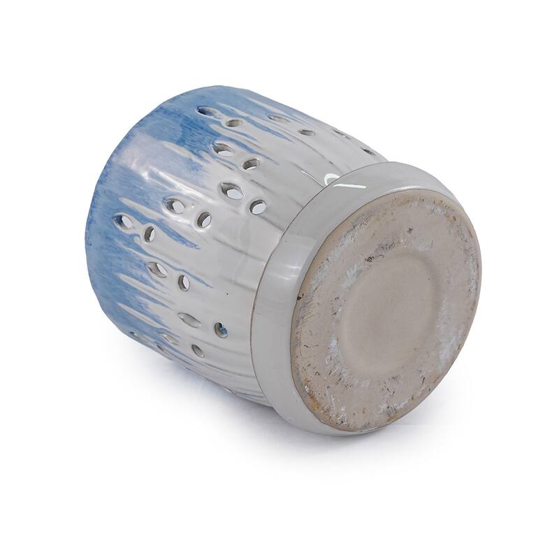 Coastal Blue & White Ceramic Planter Set of 2 - 7.5" Square Striped Plant Pots with Drainage