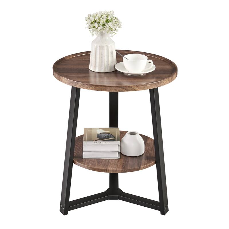 Mason Round 2-Tier Side Accent Table with Raised Lip Edge Tabletop and Mid-century Modern Crossed Metal Bold Pedestal Legs