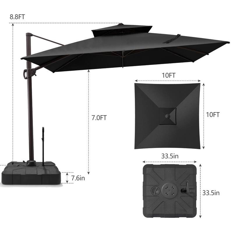 Outdoor 10 x 10ft Square Double Top Patio Cantilever Umbrella with Base