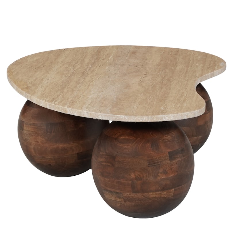 Resh Accent Coffee Table, Curved Natural Travertine Top, Round 3 Balls Wood Base