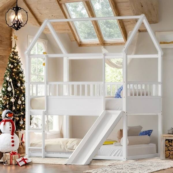 slide 2 of 8, House-Shaped Bunk Bed with Built-in Slide and High Guardrails,Twin Over Twin,White White