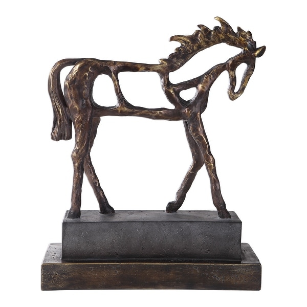 16.5” Bronzed Metal Horse Sculpture with a Concrete Inspired Base - N/A