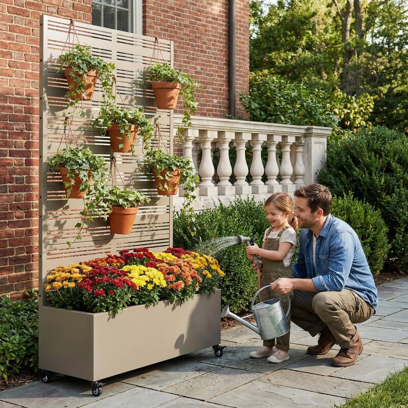 Outdoor Metal Galvanized Privacy Screen Planter Box with Trellis Lockable Wheels