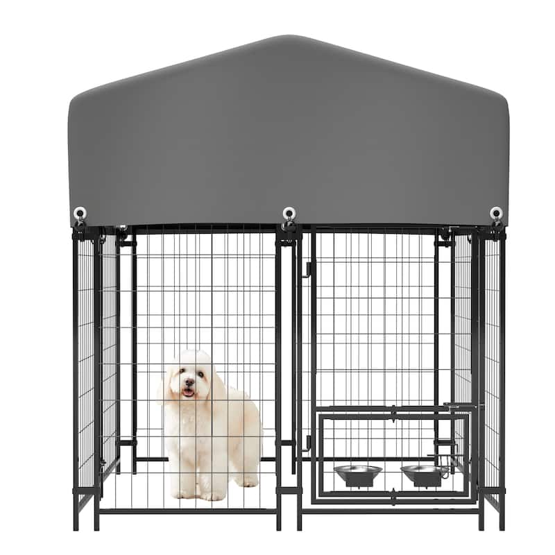 GDFStudio - Large Outdoor Heavy Duty Metal Dog Kennel with Roof, UV-Resistant Waterproof Cover, Double Lock & Rotating Feeder