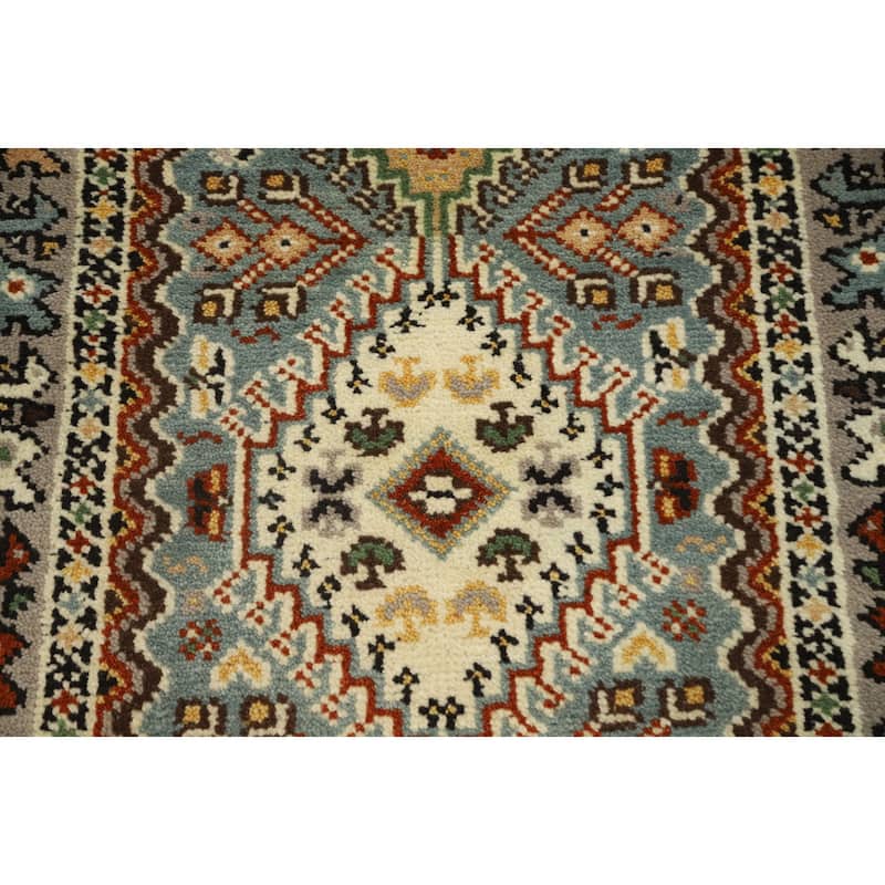 Hand Knotted Oriental 100% Wool Carpet Traditional Geometric Navy Blue & Blues Viss Runner Rug - 8' 0'' X 2' 7''