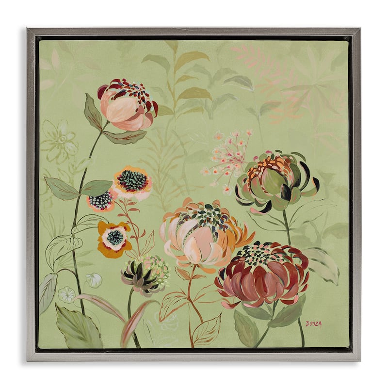 Stupell Curled Chrysanthemums on Green Framed Floater Canvas Wall Art Design By Dusza - 25 x 25 - Grey