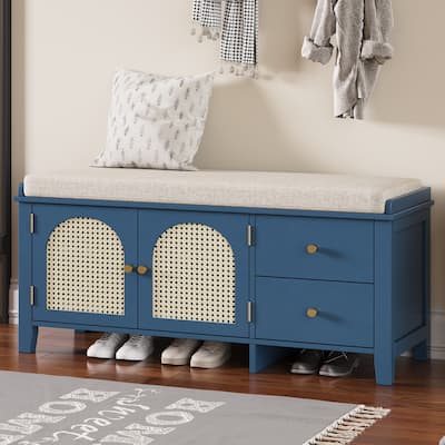 Vintage Shoe Bench with Cushion, 2 Drawers & 2 Rattan Doors