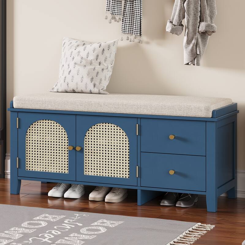 Wood Frame Bench with Shoe Storage, Shoe Bench with Rattan Arched Door and 2 Drawers Entryway Fabric Upholstered Bench - Navy