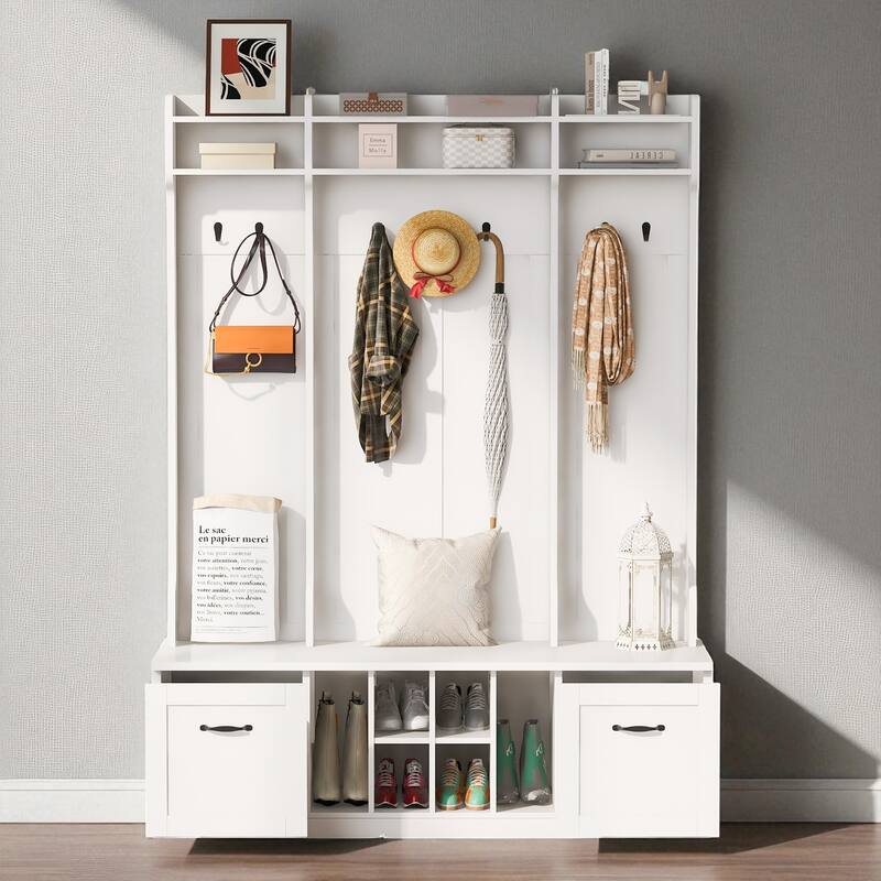 58.8 in Wide Hall Tree with Bench, 7 Hooks, 2 Drawers, Adjustable Shelves, Entryway Coat Rack Organizer, 76.7 in H
