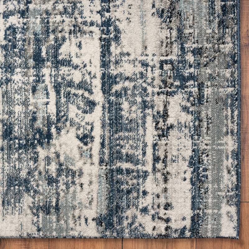 Theory Distressed Denim Blues / Greys Abstract Area Rug