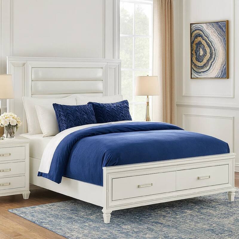 Delcy Queen Platform Bed, LED Headboard, 2 Drawer Footboard, Mirror, White