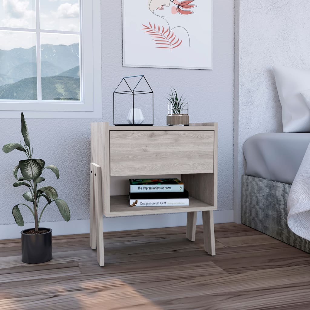 Modern Nightstand with Drawer and Open Shelf, Light Gray, Space-Saving Design