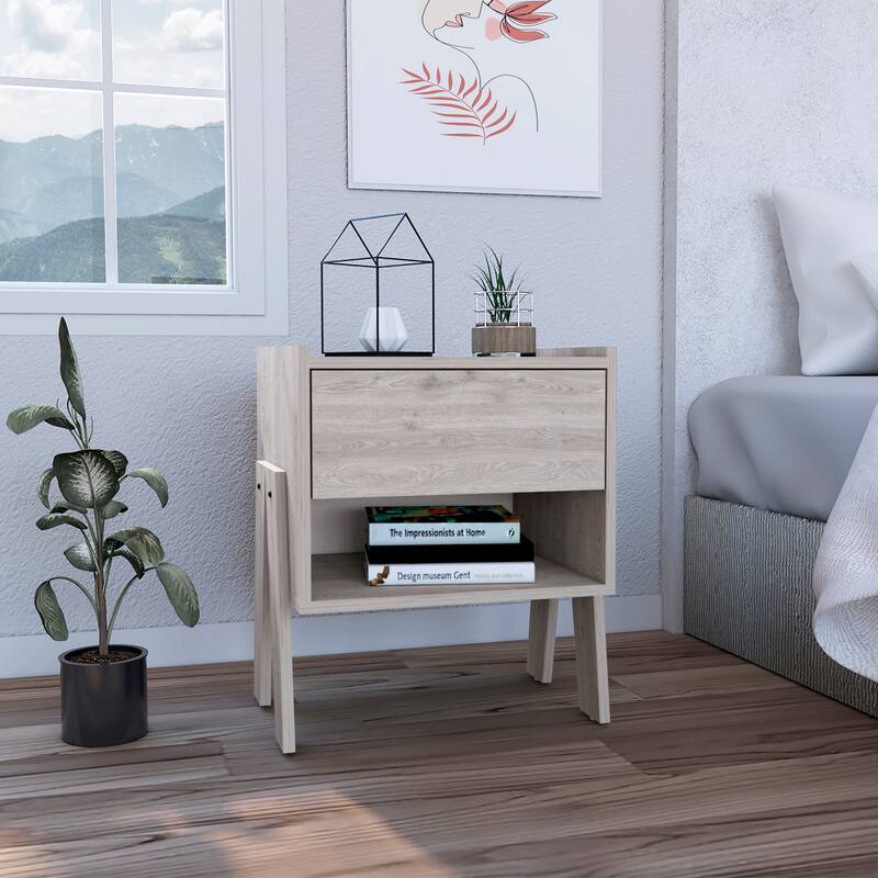 Modern Nightstand with Drawer and Open Shelf, Light Gray, Space-Saving Design - Gray
