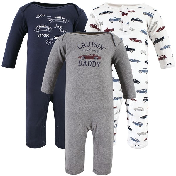 slide 1 of 1, Hudson Baby Infant Boys Cotton Coveralls, Cars 0 - 3 Months - Blue/Grey
