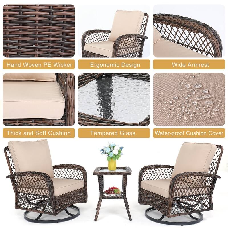 Outdoor 3PCS Wicker Swivel Conversation Set