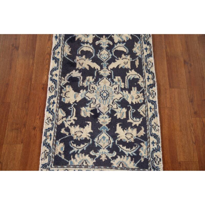 Blue Traditional Nain Persian Vintage Area Rug Handmade Wool Carpet - 1'9"x 2'10"