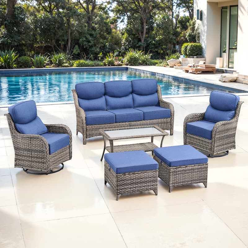 Gymojoy 6-Piece Patio Furniture Set with Swivel Glider Chairs, 6-Inch Ultra-Plush Cushions & Water-Resistant Olefin Fabric - Grey Wicker / Blue Cusion - 6-Piece