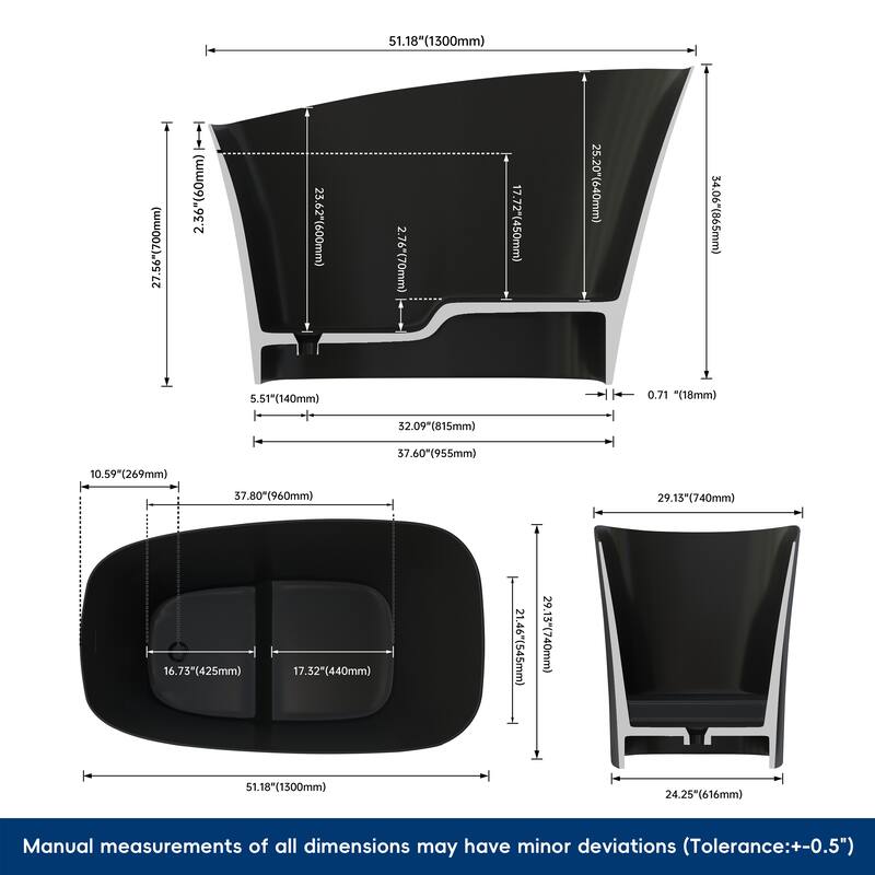 MEDUNJESS 51'' Freestanding Bathtub Solid Surface Soaking Tub