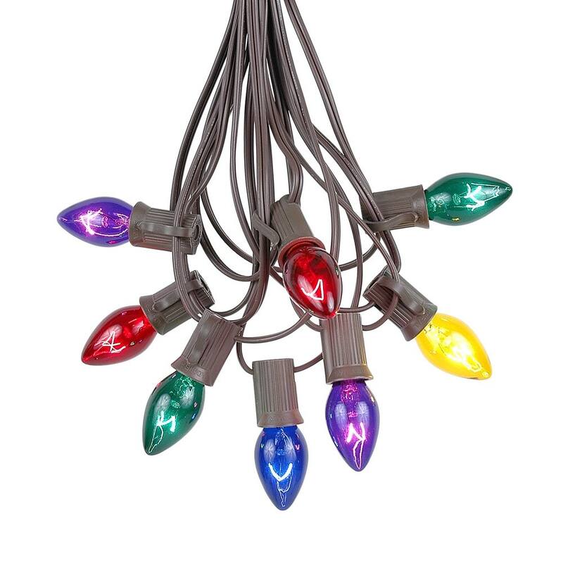 25 Foot C7 Christmas Light Set, Hanging Patio String Lights, Brown Wire - Multi