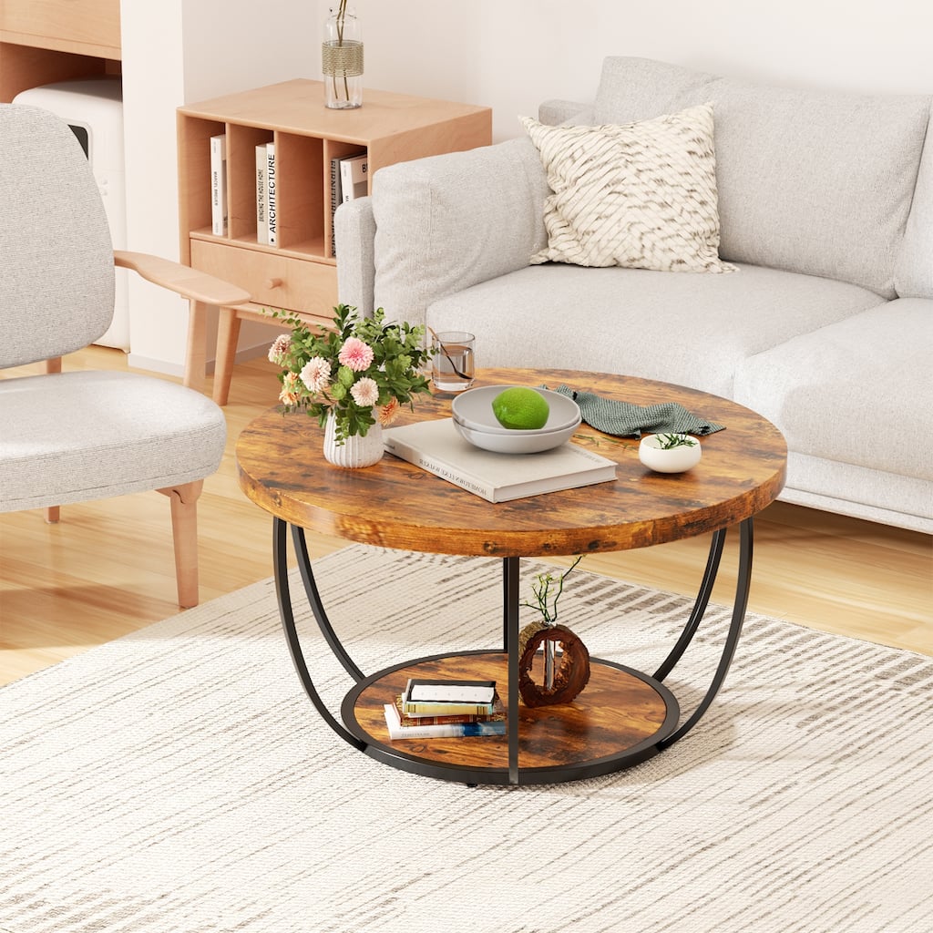31.5" Round Coffee Table for Living Room, 2-Tier Accent Center Table