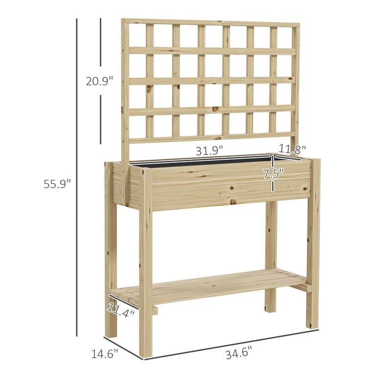 Outsunny Wooden Raised Garden Bed with Trellis, Elevated Planter Box with Storage Shelf, Outdoor Flower Box