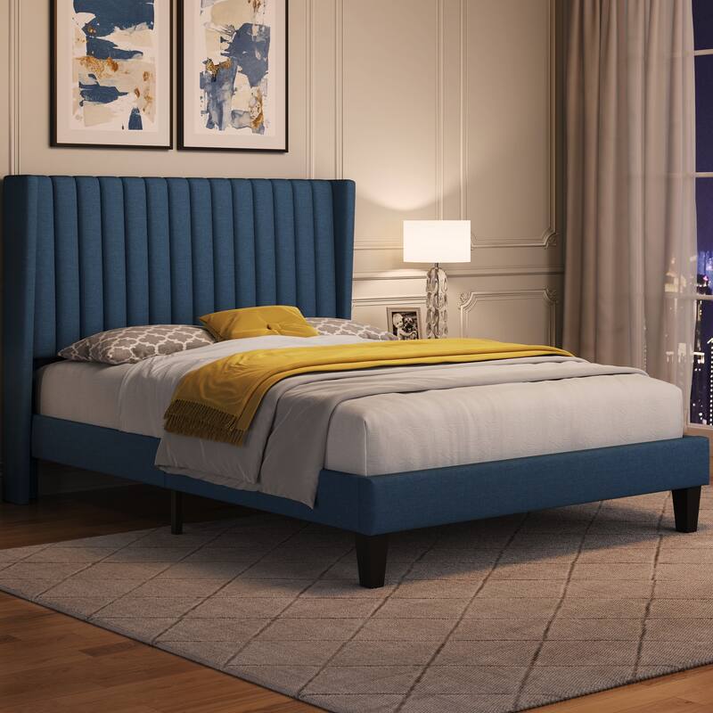 Yaheetech Upholstered Bed Frame with Wing Side Fabric Upholstered Bed with Headboard