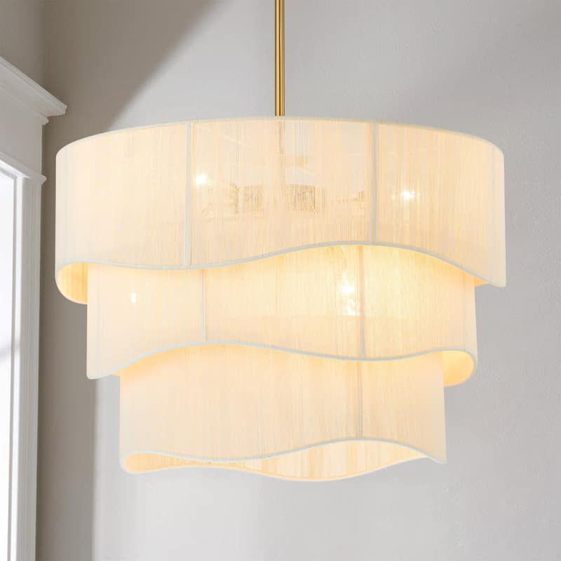 6-Light Modern Boho Large Drum Chandelier 3-Tiered Handwoven Ivory Rope Fabric Chandelier