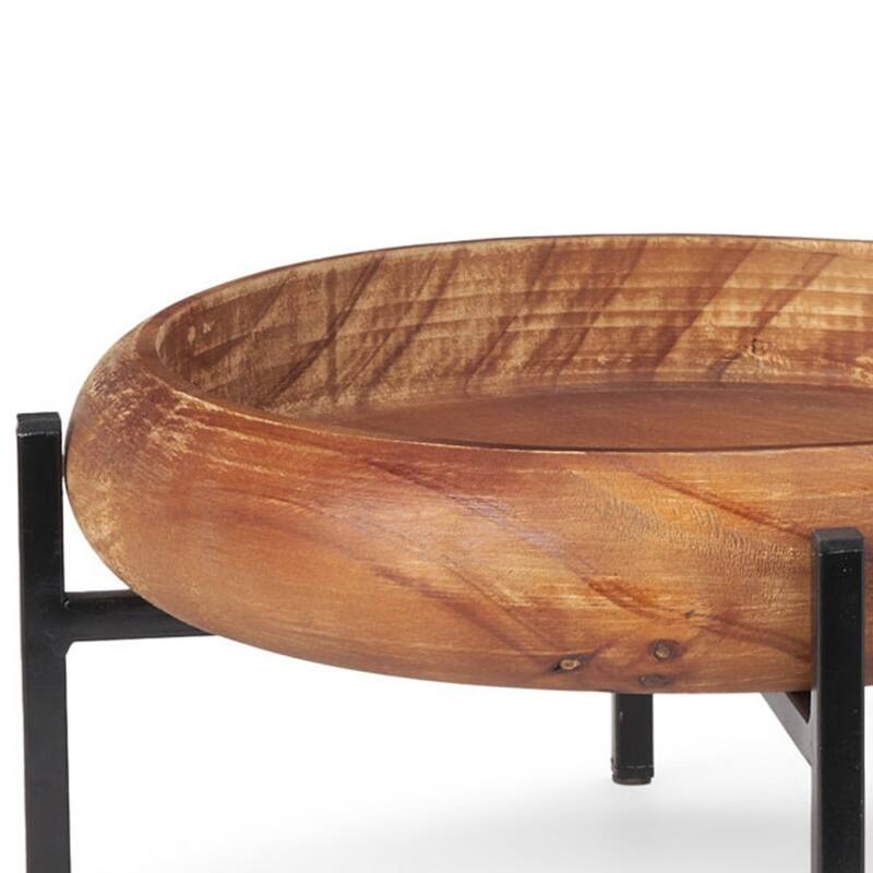 HomeRoots Set of Two Brown Solid Wood Handmade Round Serving Trays With Stands - 14.25 in. x 6.75 in. x 14.25 in.