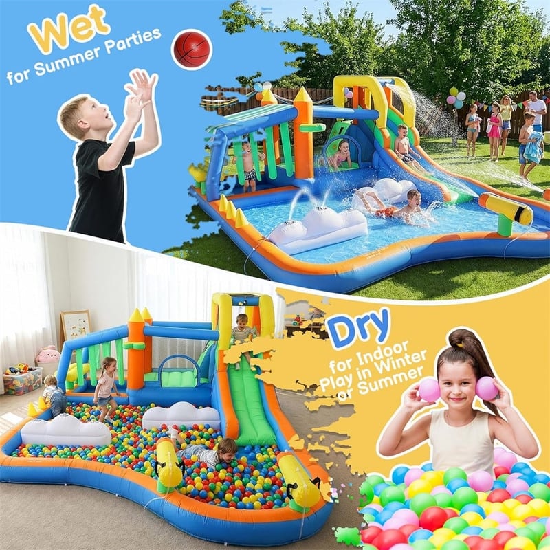 11-In-1 Inflatable Bounce House With Water Slide, Kiosk Theme Water Park For Kids Backyard, 750W Blower Included - N/A